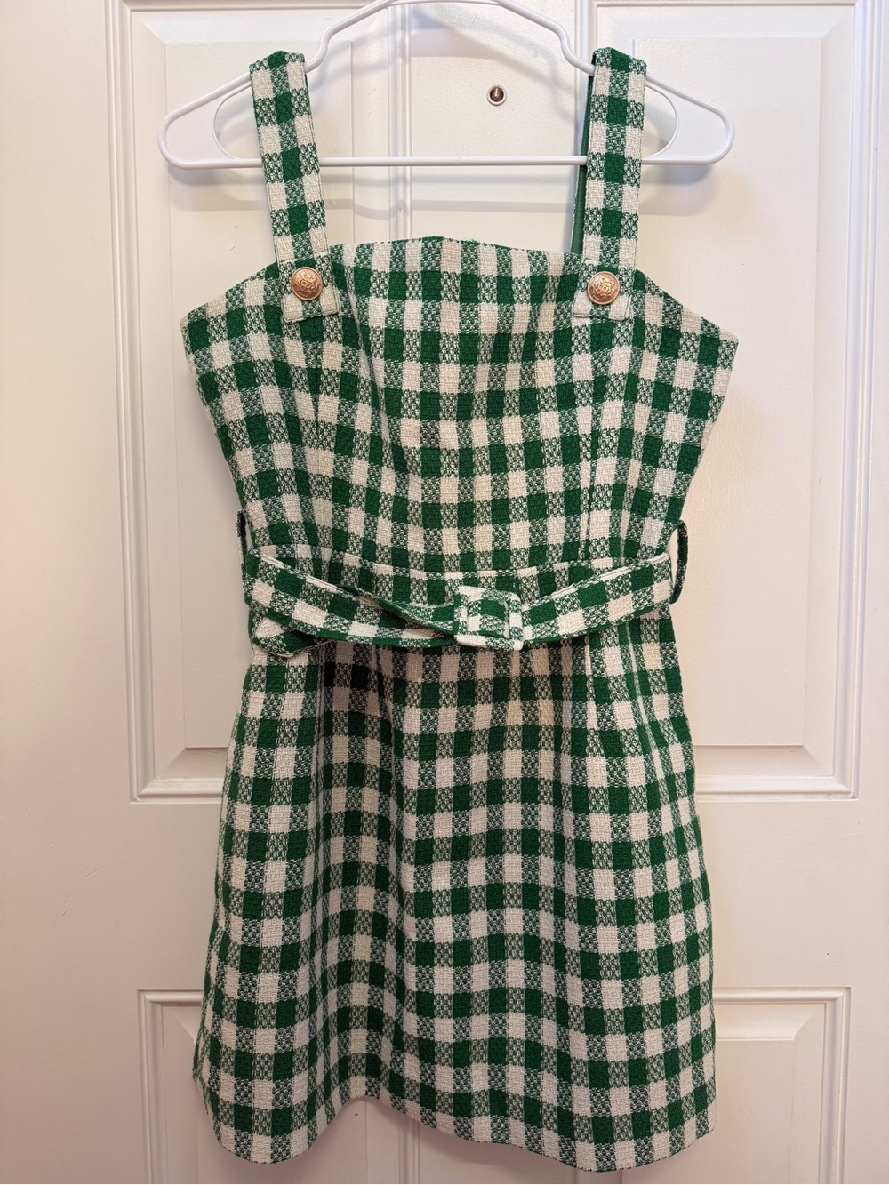 Kourt Green and White Gingham Tweed Pinafore Mini Dress